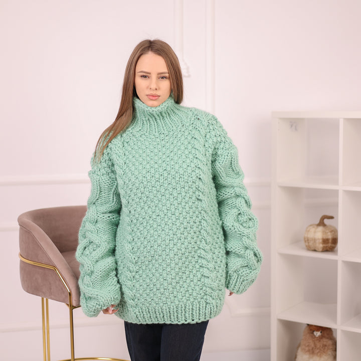 Chunky Wool Cable Knit Sweater, Oversized Hand Knit Turtleneck, Mint Green T2160