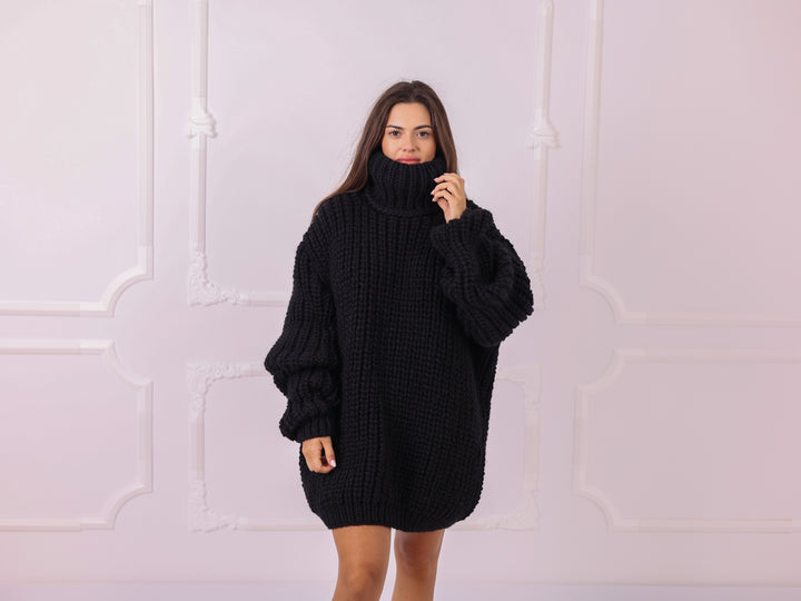 Black 4 kg Wool Fisherman Rib Oversized Turtleneck Sweater T2329