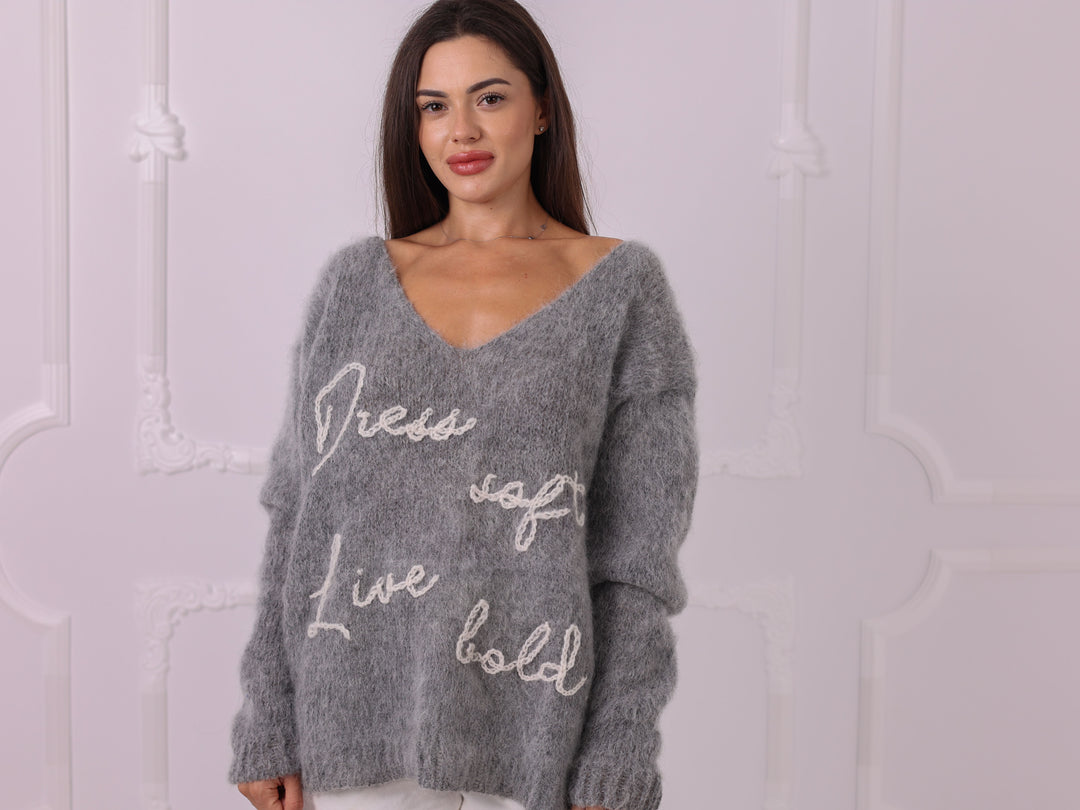 Personalized Gray Kid Mohair V-Neck Sweater, Custom Text T2325