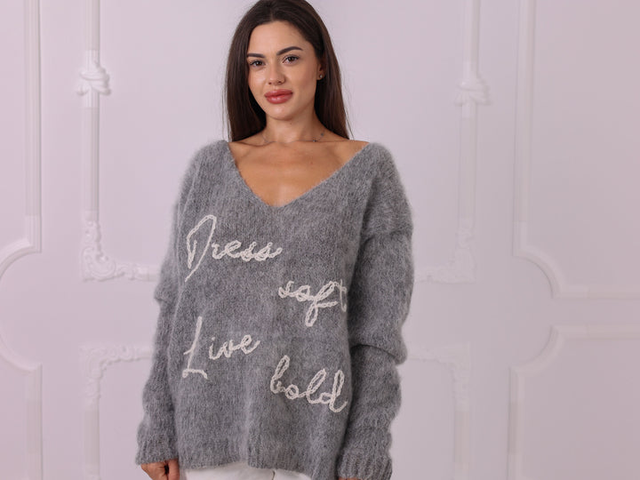 Personalized Gray Kid Mohair V-Neck Sweater, Custom Text T2325