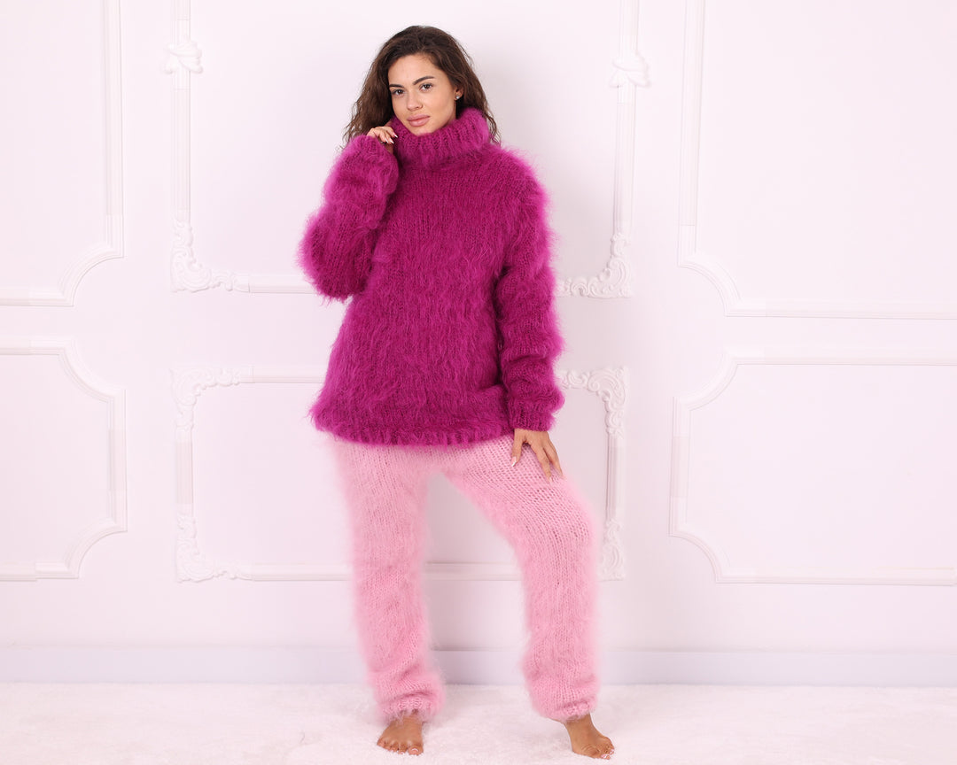Pink Long-Haired Mohair Fluffy Hand Knit Pants T2342