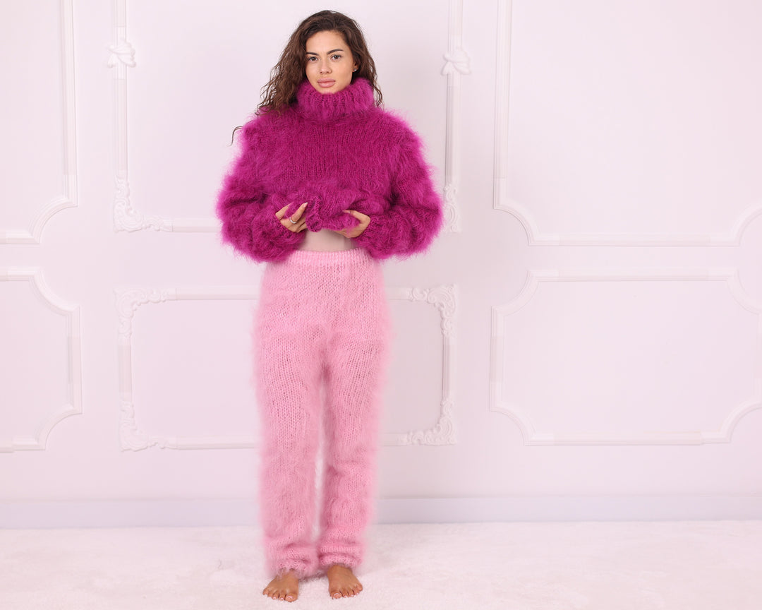 Pink Long-Haired Mohair Fluffy Hand Knit Pants T2342