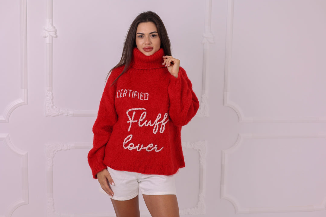 Personalized Red Baby Alpaca Turtleneck Sweater, Custom Text T2324