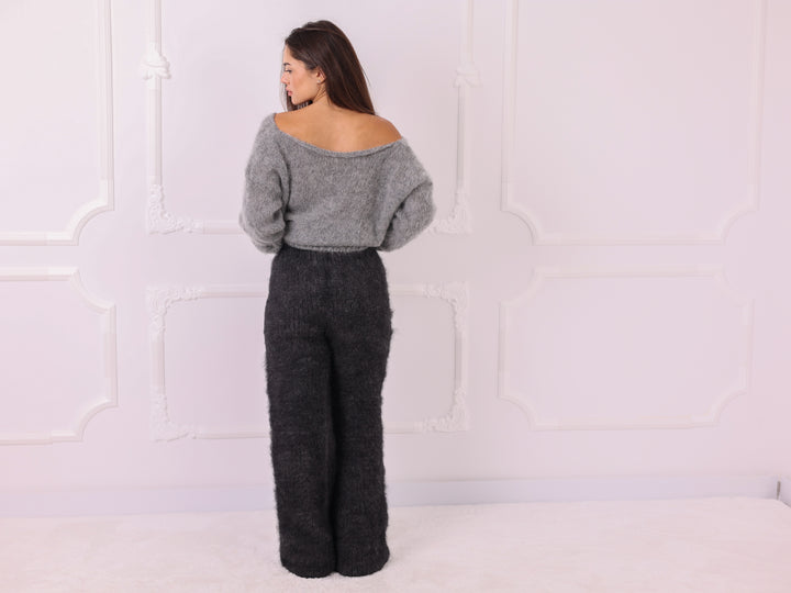Dark Gray Kid Mohair Chunky Hand Knit Pants T2336