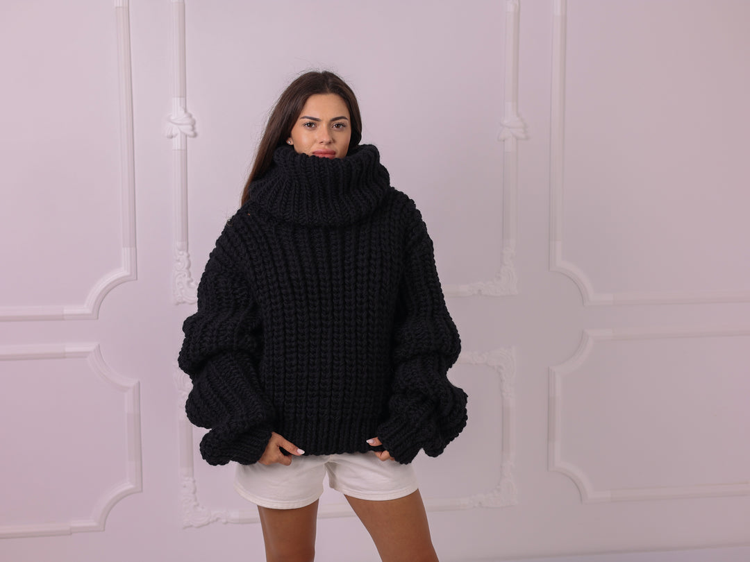 Black 4 kg Wool Fisherman Rib Cropped Oversized Turtleneck Sweater T2328