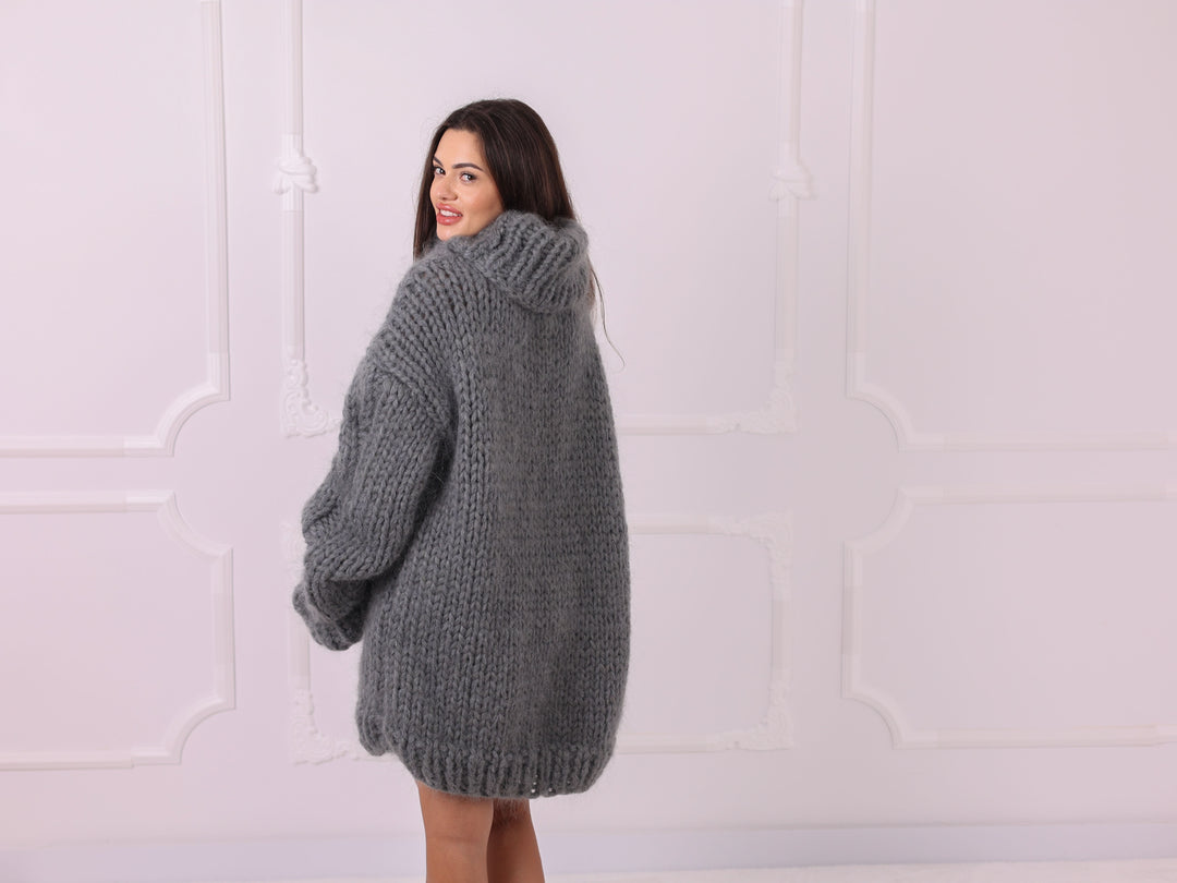 Gray Melange Mohair Alpaca Chunky Oversized Turtleneck Sweater T2326