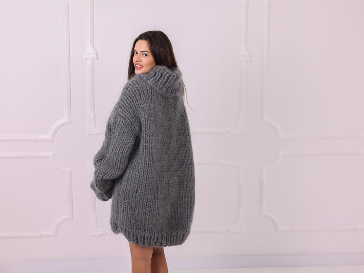 Gray Melange Mohair Alpaca Chunky Oversized Turtleneck Sweater T2326