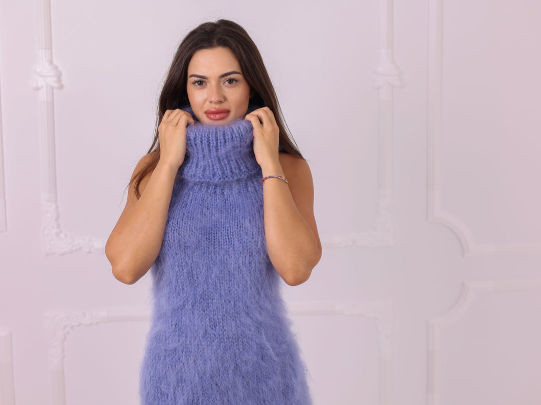Blue Longhaired Mohair Sleeveless Sweater Dress T2320