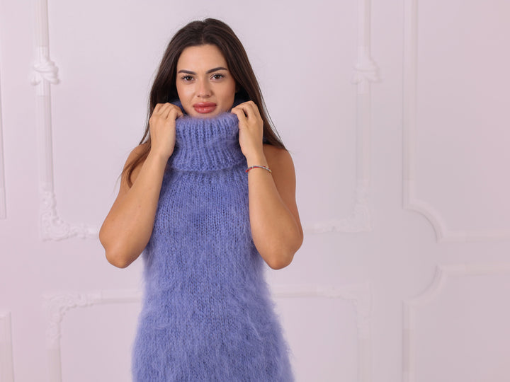 Blue Longhaired Mohair Sleeveless Sweater Dress T2320
