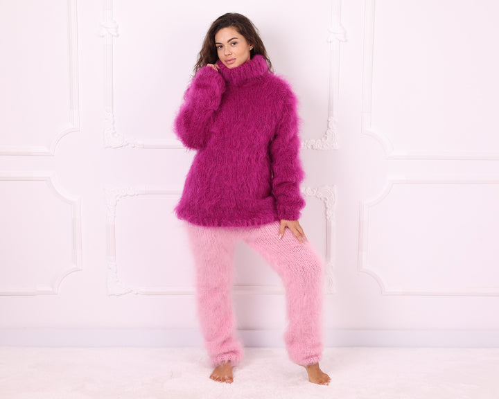 Pink Long-Haired Mohair Fluffy Hand Knit Pants T2342