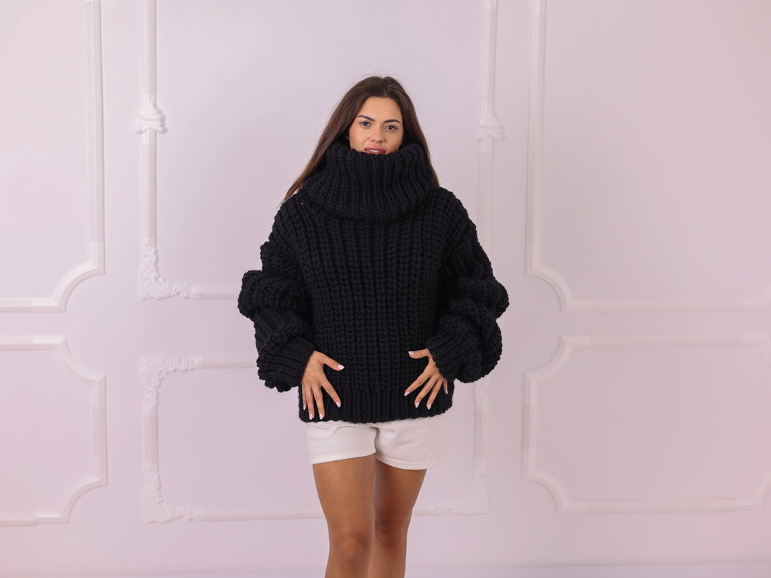 Black 4 kg Wool Fisherman Rib Cropped Oversized Turtleneck Sweater T2328
