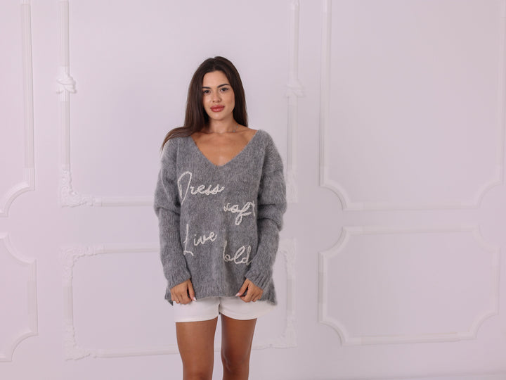 Personalized Gray Kid Mohair V-Neck Sweater, Custom Text T2325