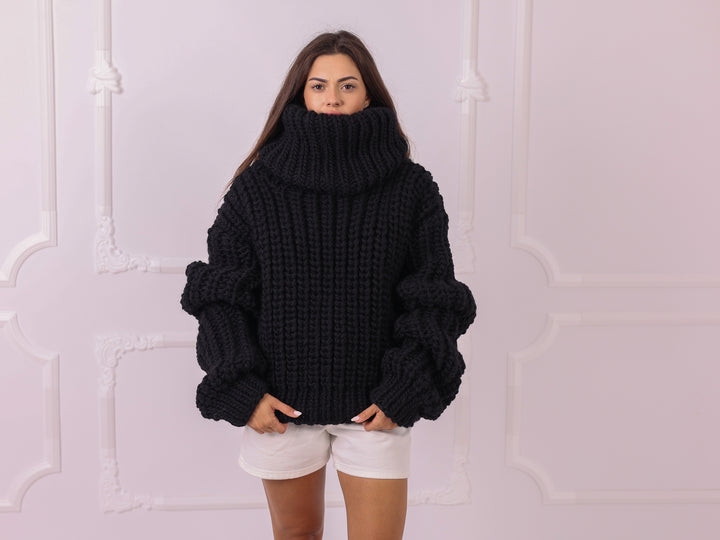 Black 4 kg Wool Fisherman Rib Cropped Oversized Turtleneck Sweater T2328