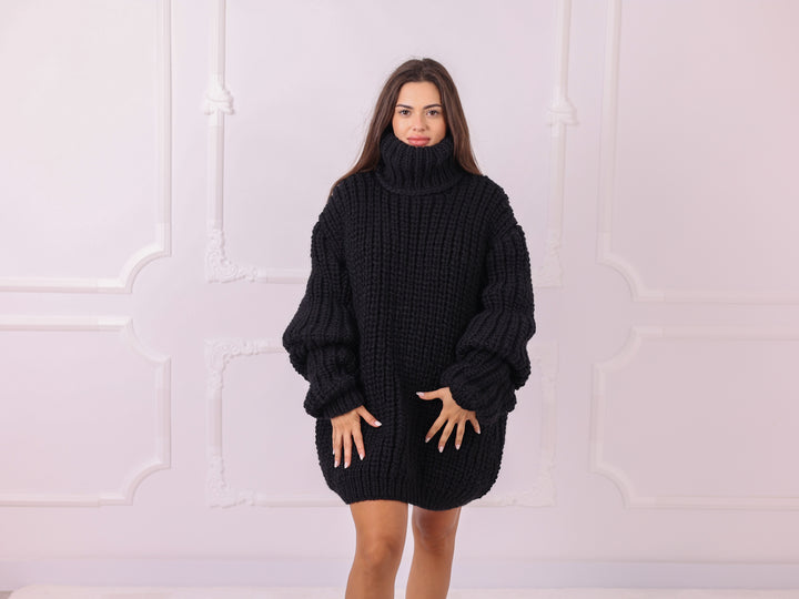 Black 4 kg Wool Fisherman Rib Oversized Turtleneck Sweater T2329