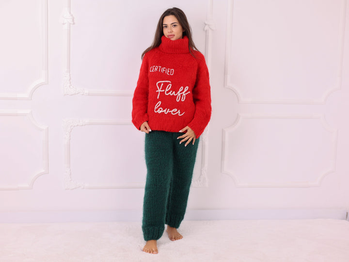 Personalized Red Baby Alpaca Turtleneck Sweater, Custom Text T2324