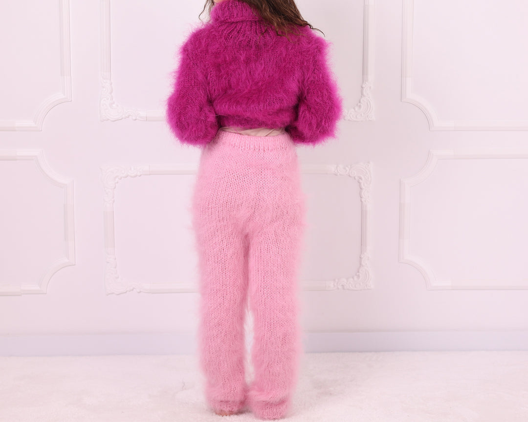 Pink Long-Haired Mohair Fluffy Hand Knit Pants T2342
