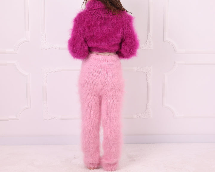 Pink Long-Haired Mohair Fluffy Hand Knit Pants T2342