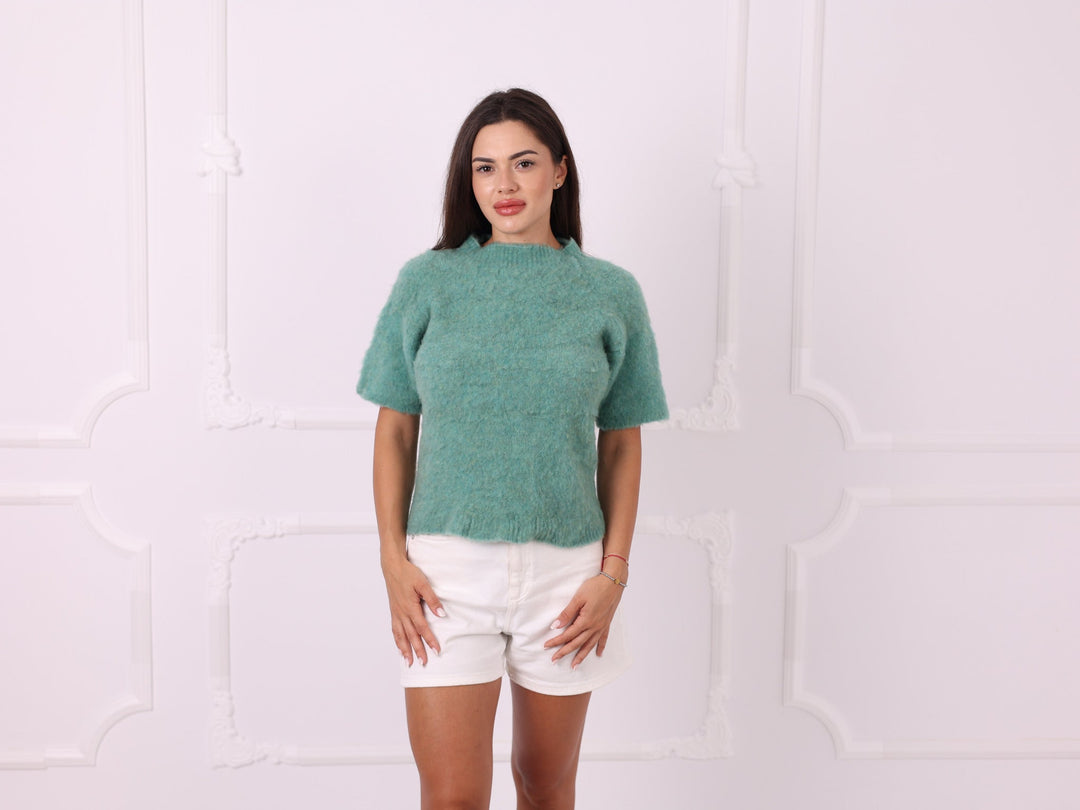 Green yak blend short-sleeve sweater, front view