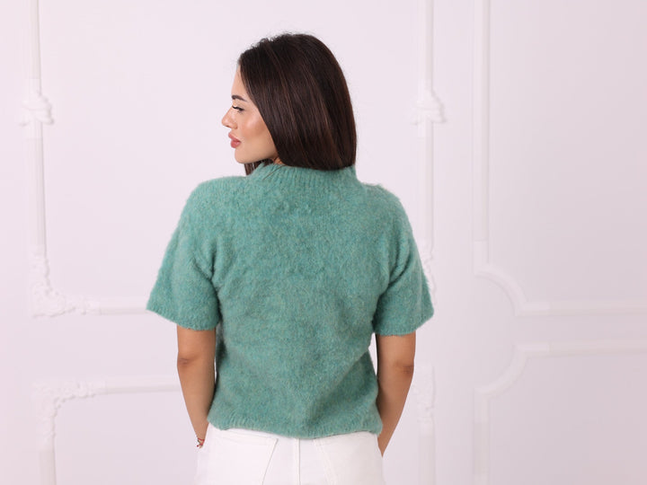 Handmade green yak sweater, close back view
