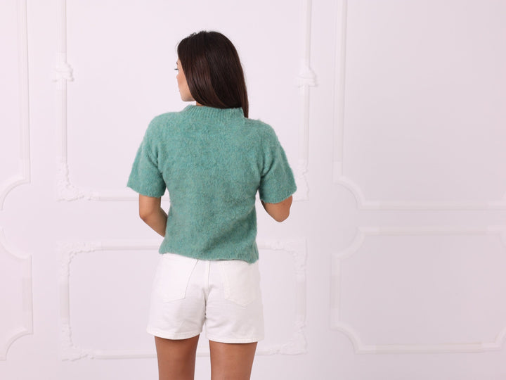 Green hand-knit yak sweater, straight back view