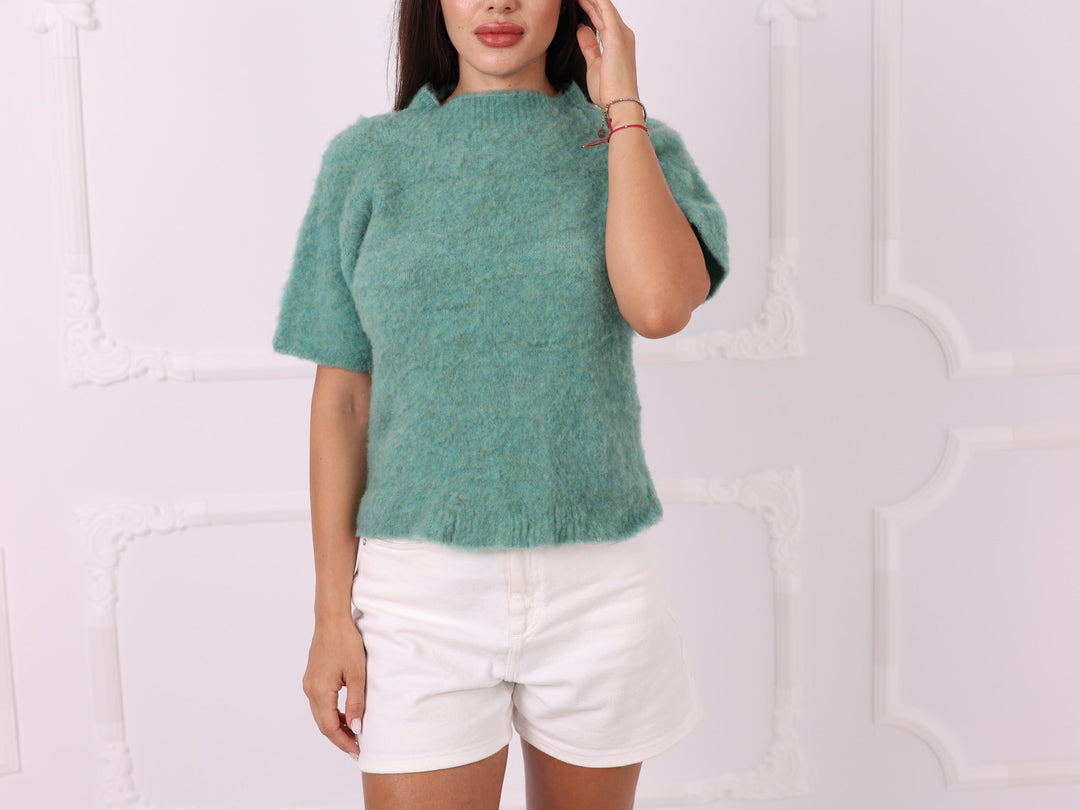 Hand-knit green yak blend sweater, close front view