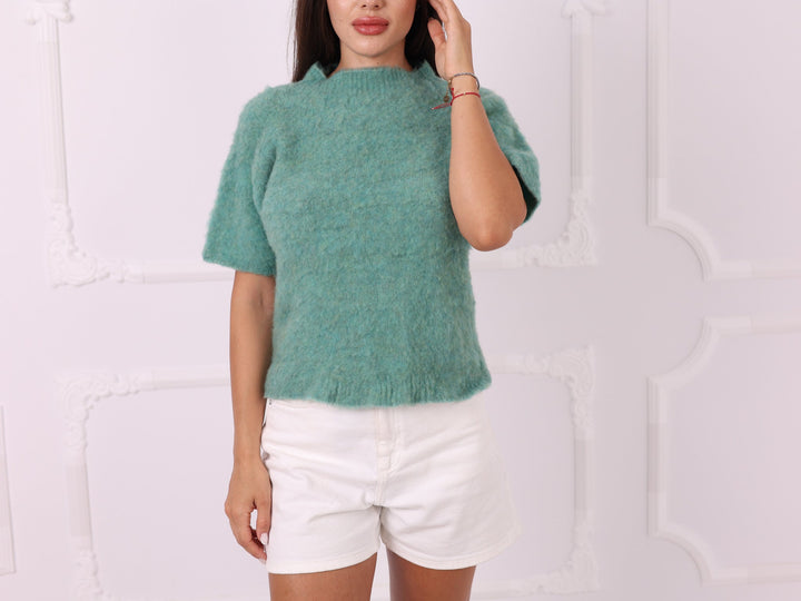 Hand-knit green yak blend sweater, close front view