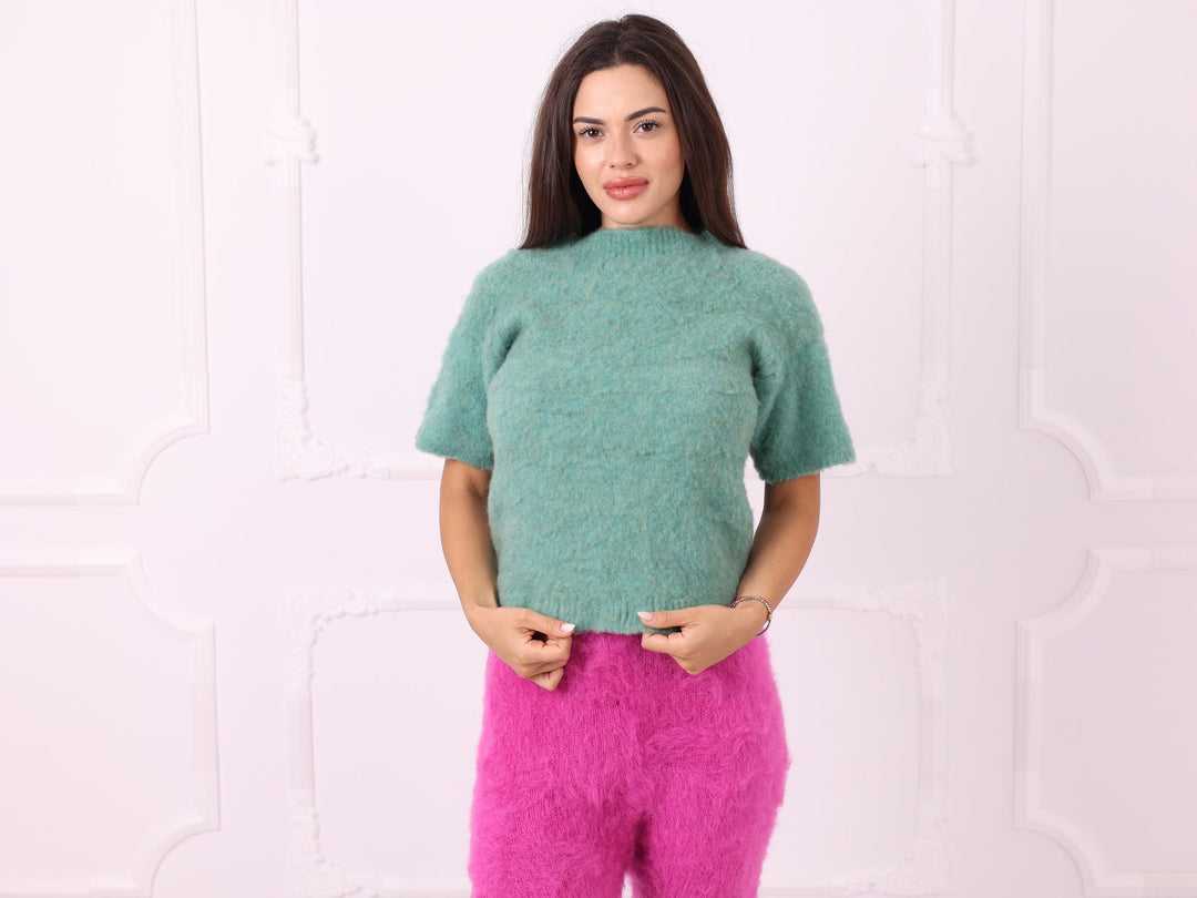 Green yak blend short-sleeve sweater, front portrait