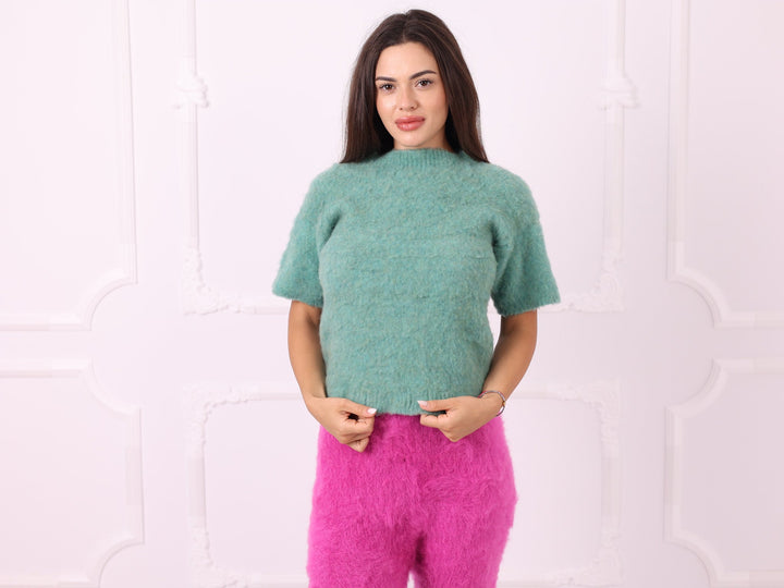 Green yak blend short-sleeve sweater, front portrait