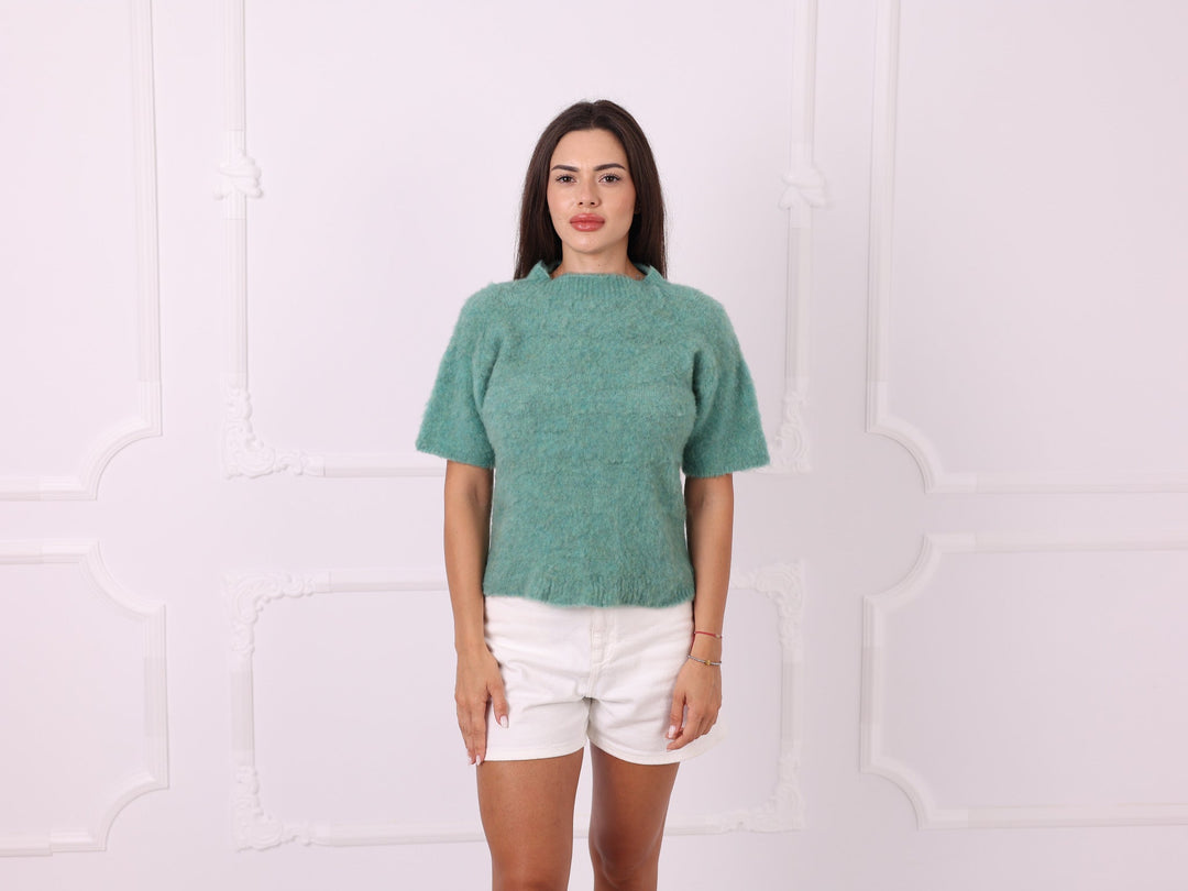 Green short-sleeve yak sweater, full front view