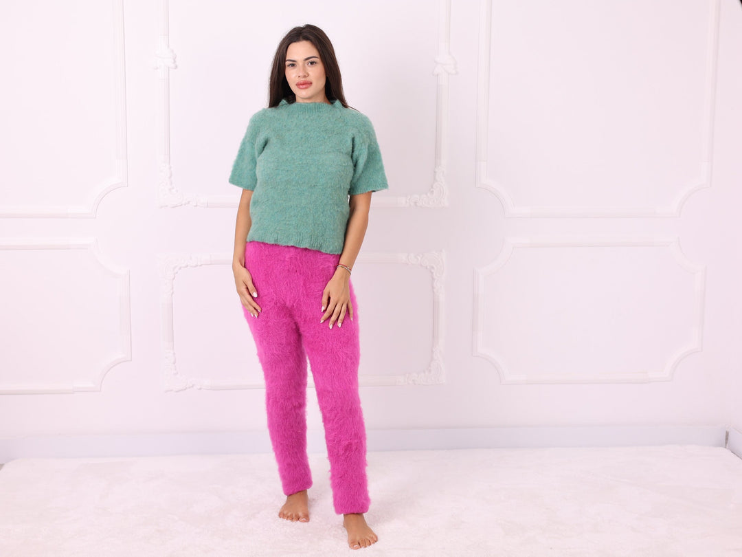 Green hand-knit yak sweater, full outfit view