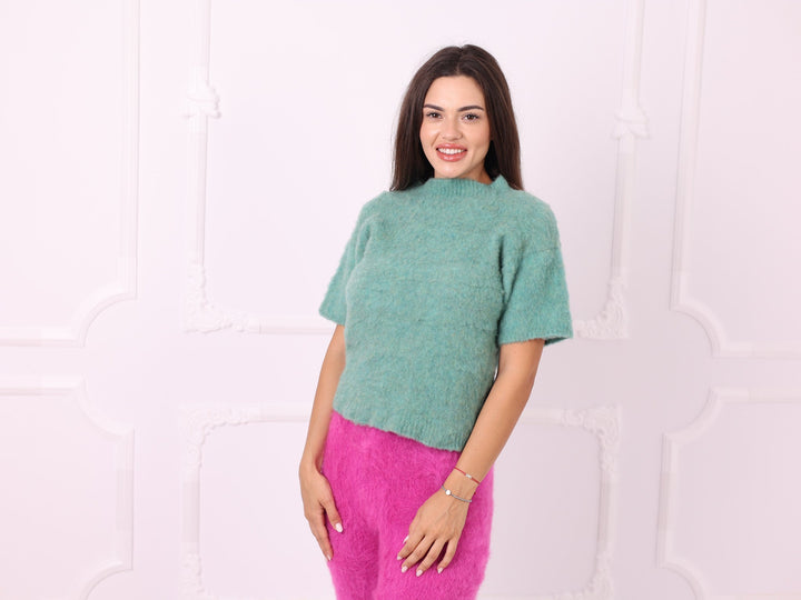Soft green yak blend sweater, relaxed front view