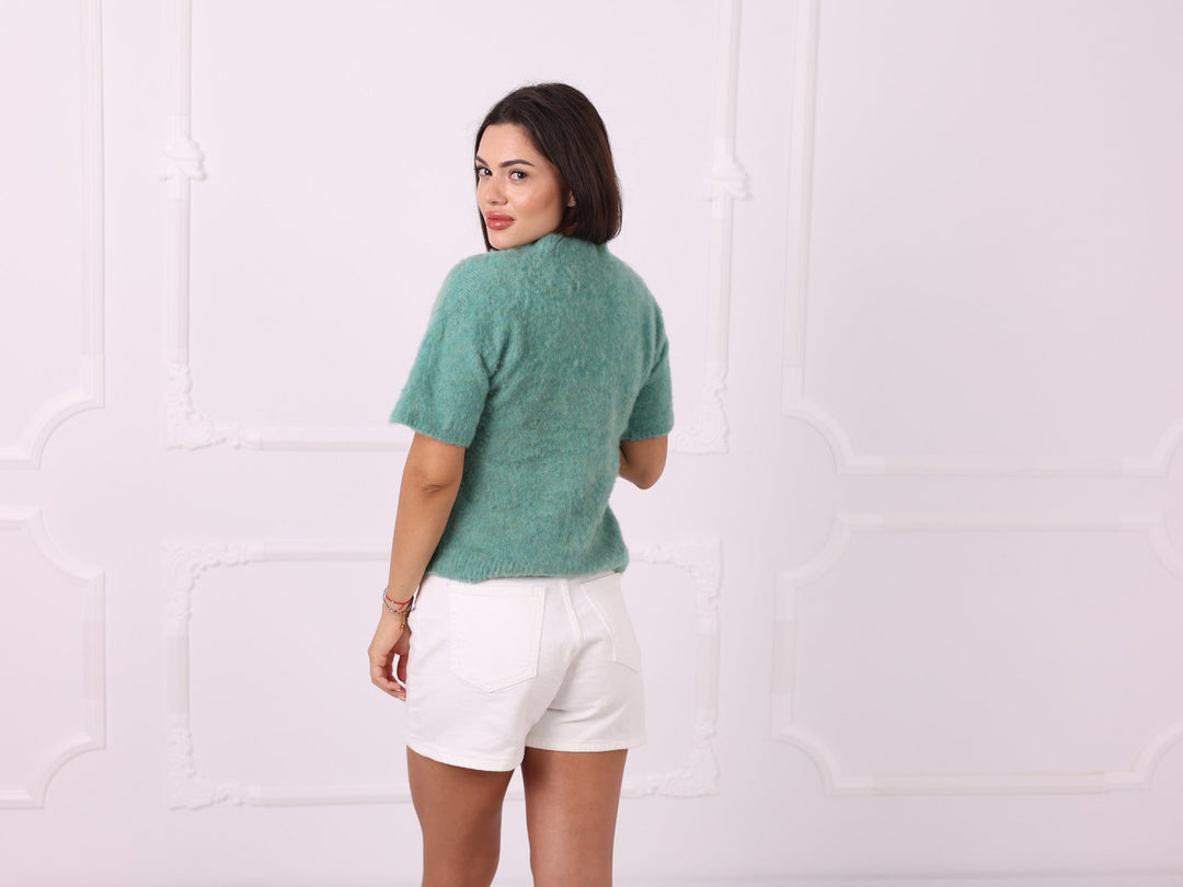 Green short-sleeve yak blend sweater, three-quarter back view