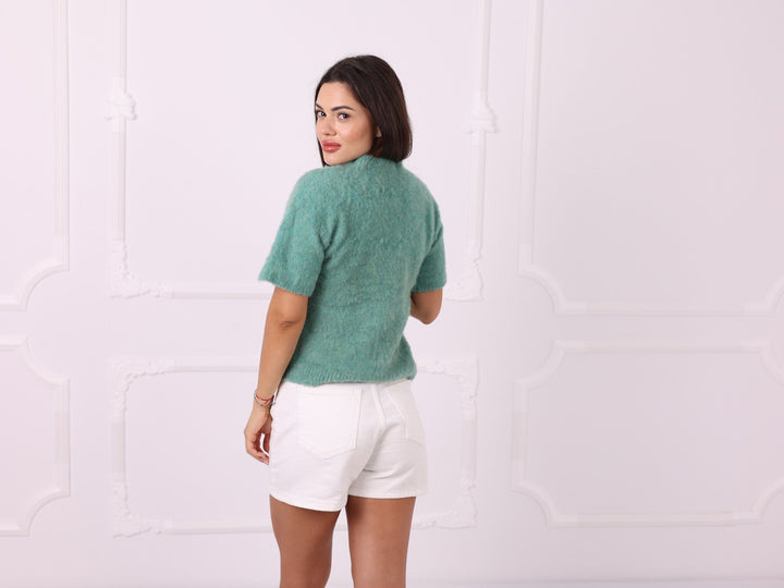 Green short-sleeve yak blend sweater, three-quarter back view
