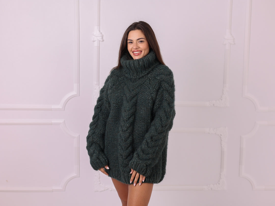 Green alpaca chunky cable knit turtleneck sweater T2331 front view