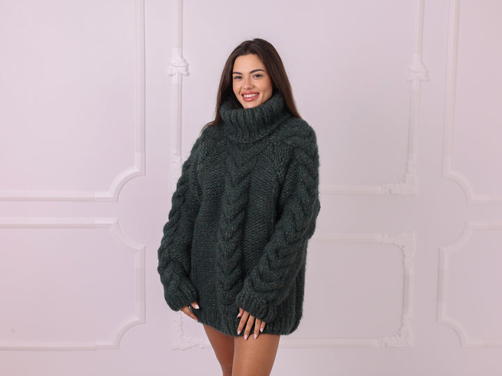 Green alpaca chunky cable knit turtleneck sweater T2331 front view