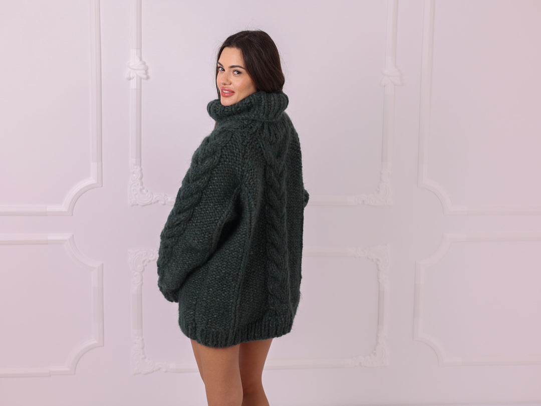 Green alpaca oversized cable turtleneck sweater T2331 back and side view