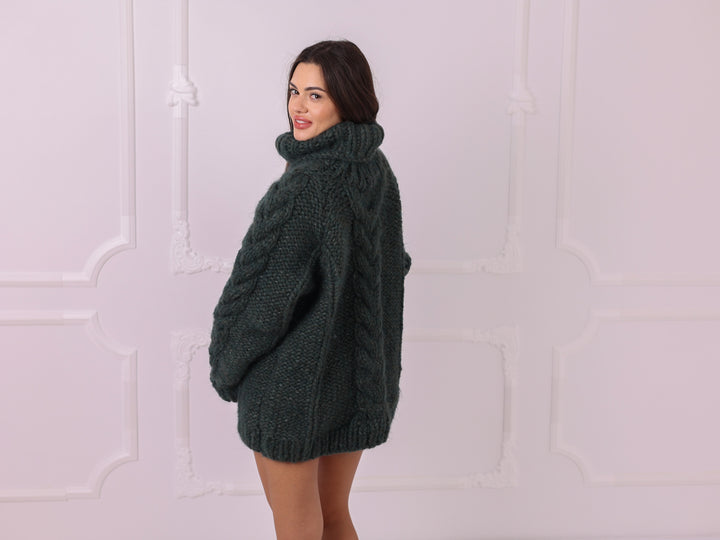 Green alpaca oversized cable turtleneck sweater T2331 back and side view