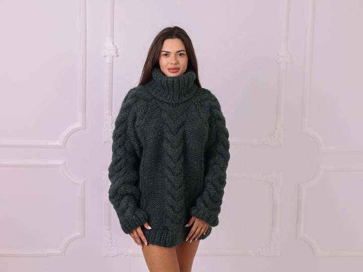 Green alpaca hand knit cable turtleneck sweater T2331 oversized front view