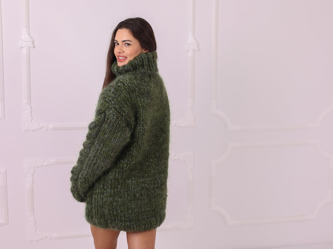 Green melange 16-strand mohair alpaca oversized turtleneck sweater T2332 back side view