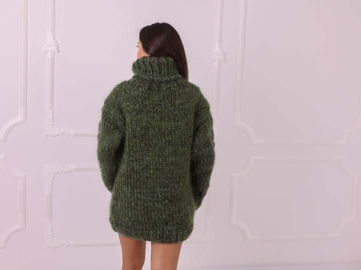 Green melange 16-strand mohair alpaca turtleneck sweater T2332 back view