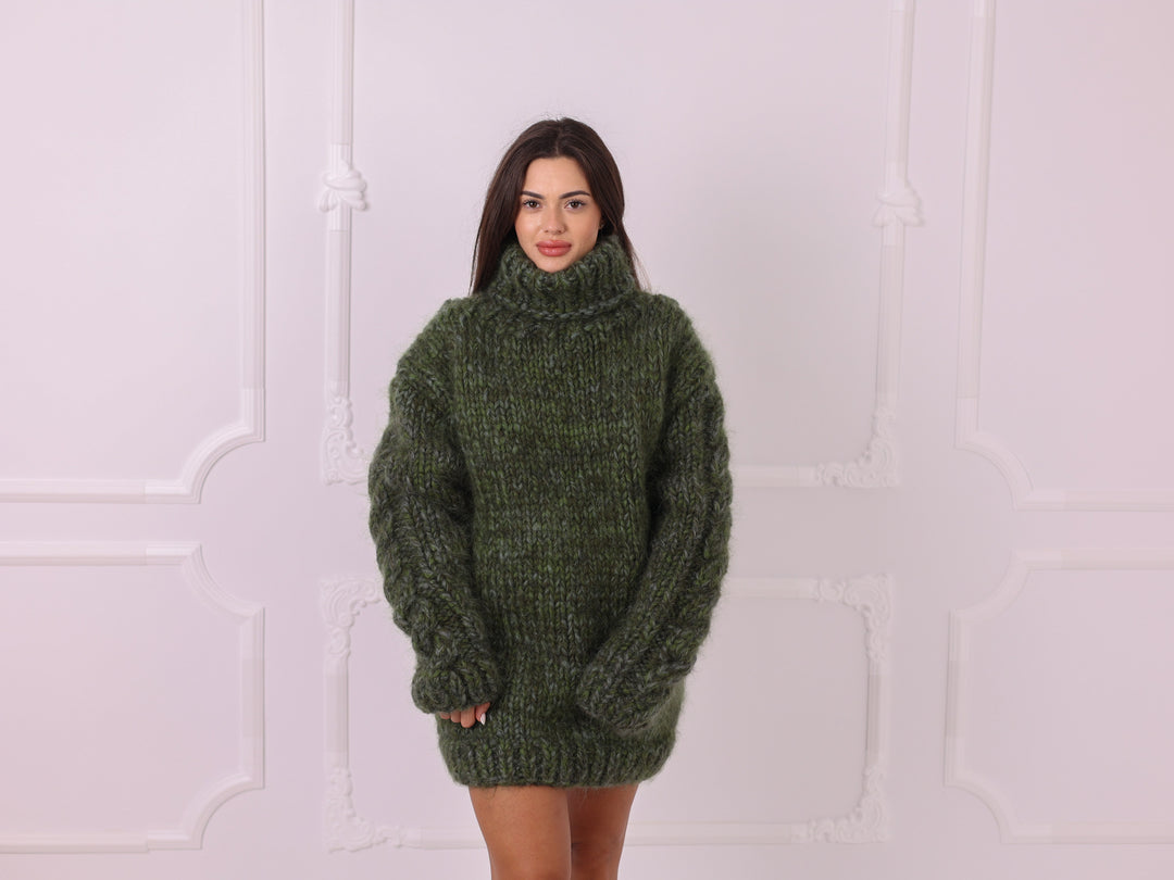 Green melange oversized mohair alpaca turtleneck sweater T2332 full front view