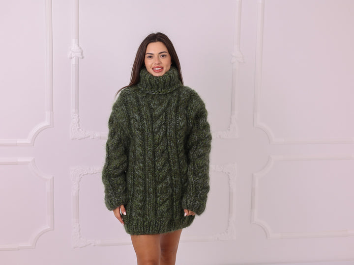 Green melange 16-strand mohair alpaca cable turtleneck sweater T2333 front view