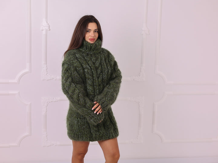 Green melange 16-strand mohair alpaca cable sweater T2333 angled front view