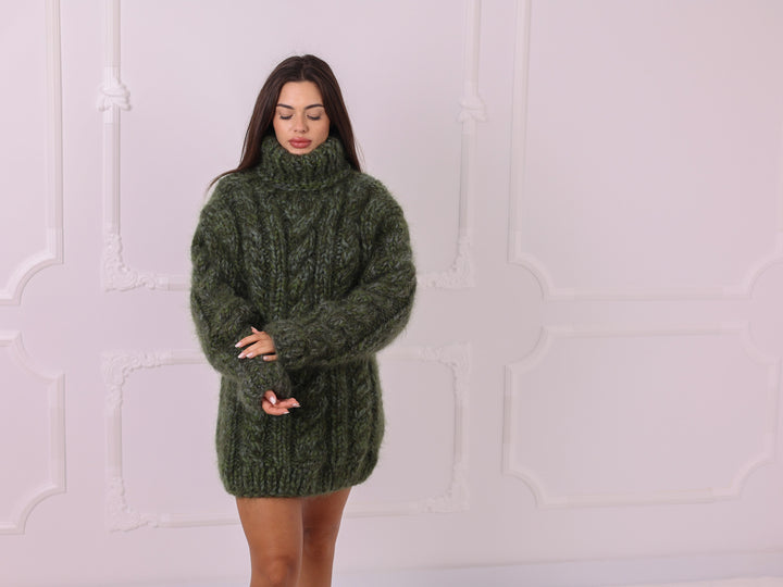 Green melange hand knit mohair alpaca cable turtleneck sweater T2333 full front pose