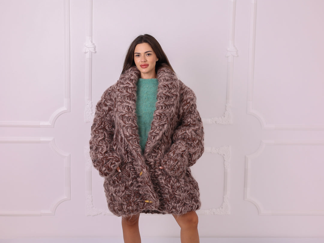Brown beige melange oversized mohair wool cardigan T2335 front view