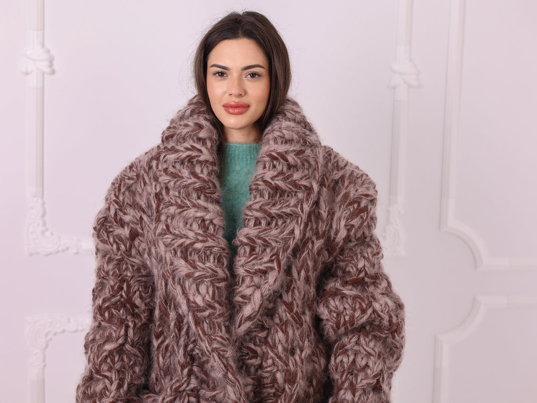 Brown beige melange chunky mohair wool cardigan T2335 collar detail