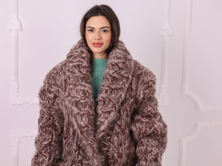 Brown beige melange chunky mohair wool cardigan T2335 collar detail