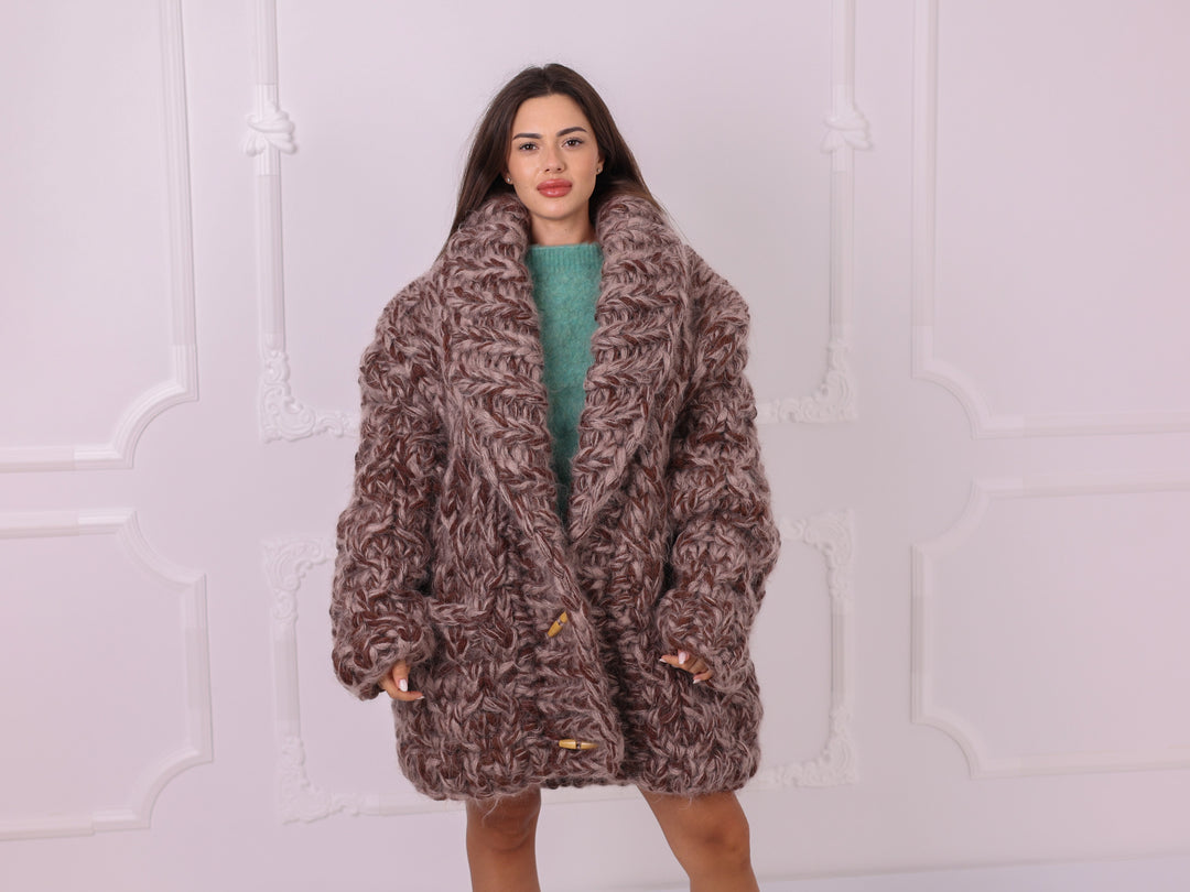 Brown beige melange oversized chunky cardigan T2335 full front view