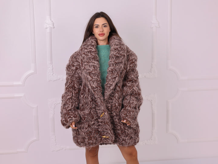 Brown beige melange oversized chunky cardigan T2335 full front view
