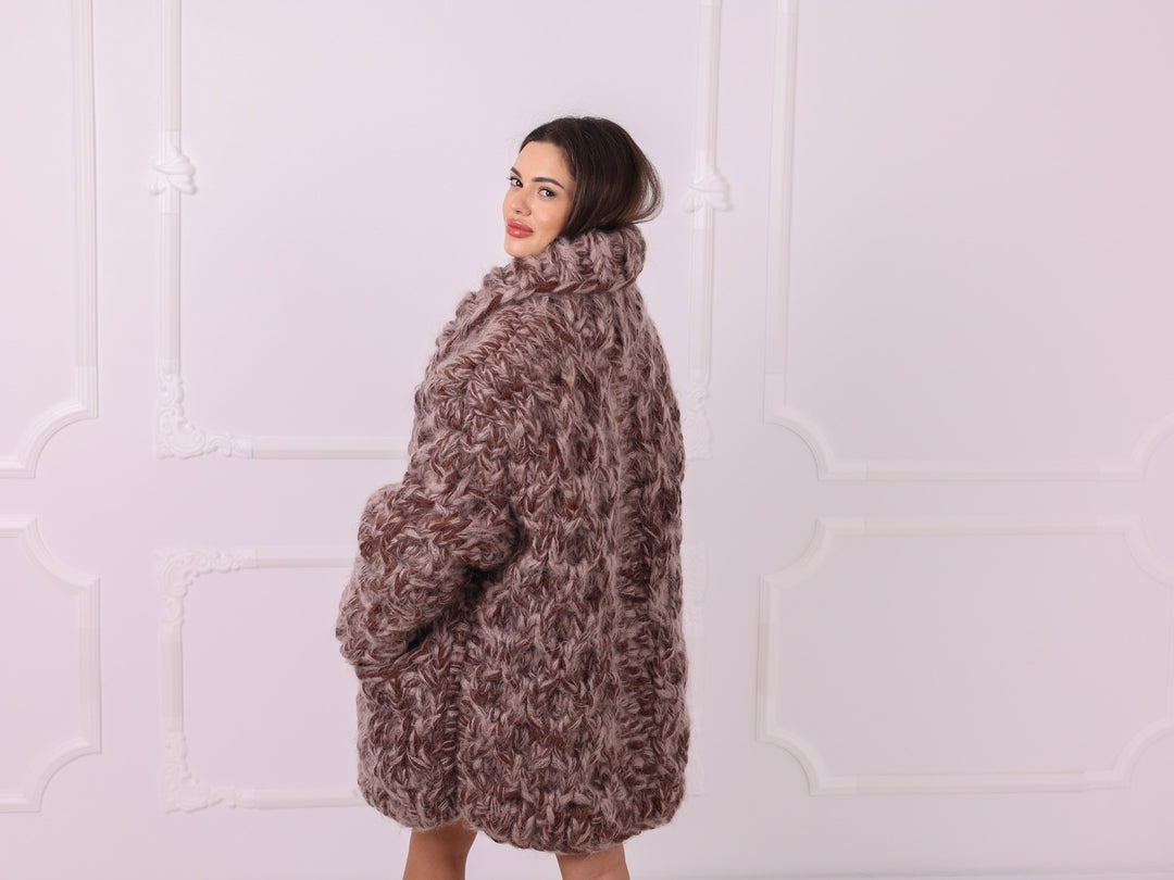 Brown beige melange mohair wool oversized cardigan T2335 side view